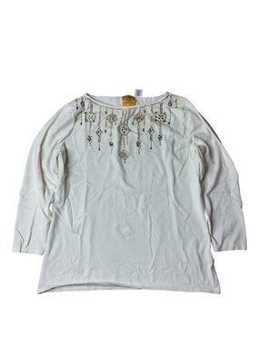 Ruby Rd. Ivory White Knit Sweater with Gold Geometric Embellishments - Size M